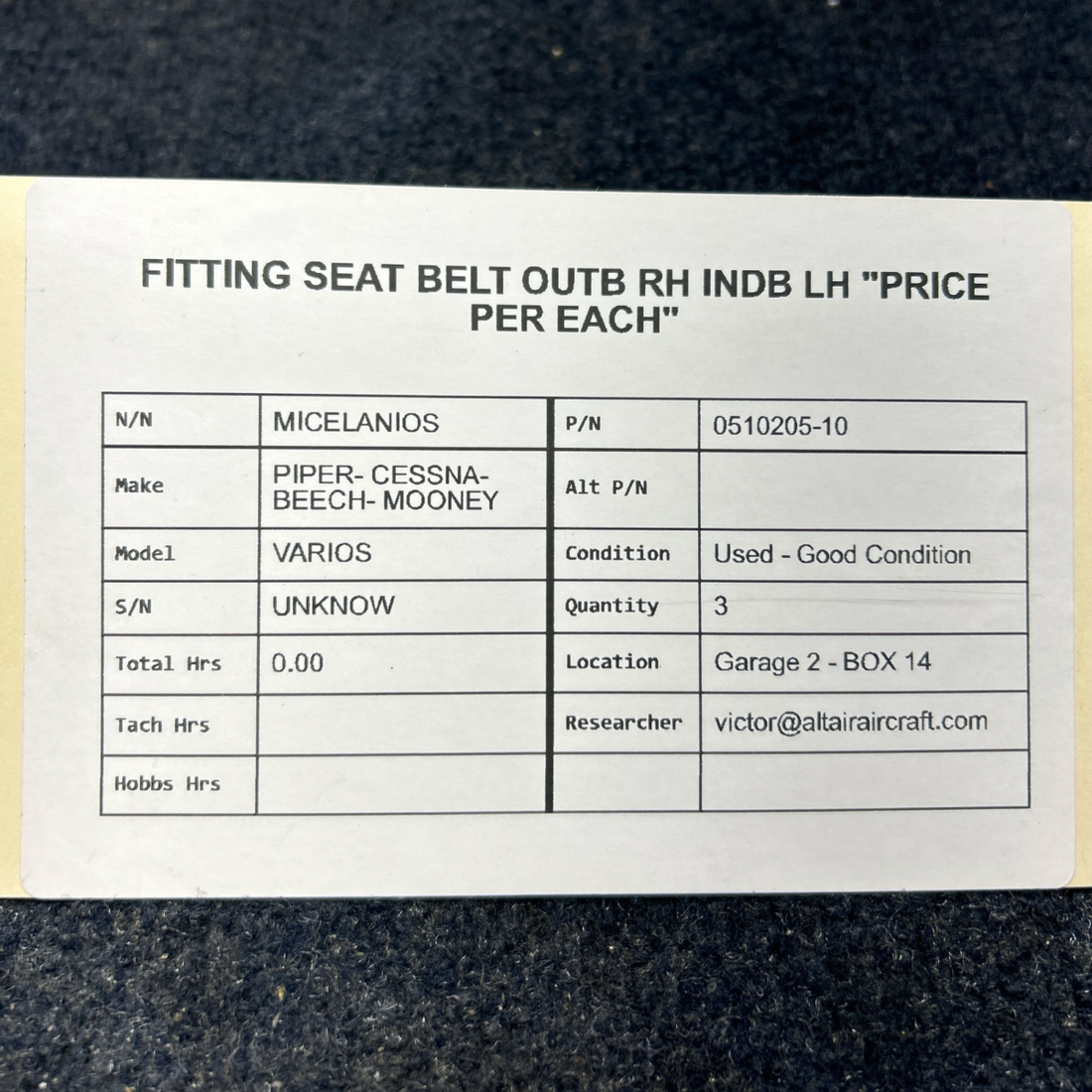 Used aircraft parts for sale, 0510205-10 PIPER- CESSNA-BEECH- MOONEY VARIOS FITTING SEAT BELT OUTB RH INDB LH "PRICE PER EACH"