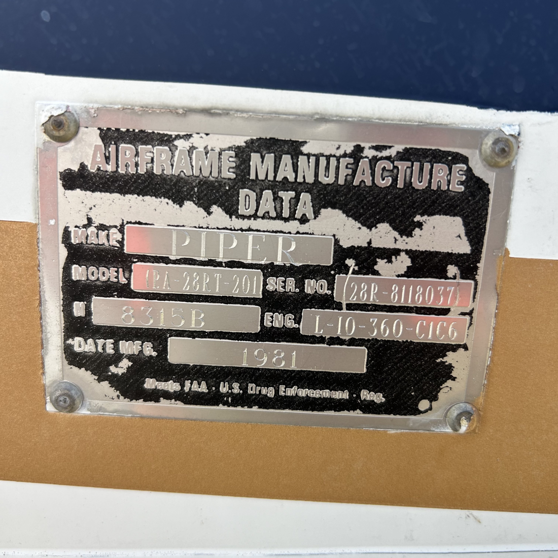 Used aircraft parts for sale, Fuselage PIPER PA28RT-201 FUSELAGE /DATA PLATE AND LOG BOOK