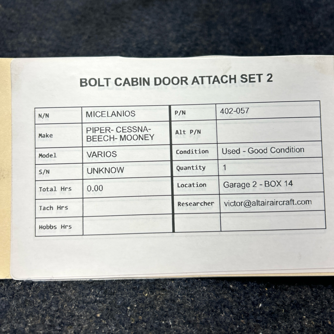 Used aircraft parts for sale, 402-057 PIPER PA28RT-201 BOLT CABIN DOOR ATTACH SET 2