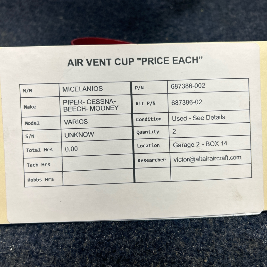 Used aircraft parts for sale, 687386-002 PIPER- CESSNA-BEECH- MOONEY VARIOS AIR VENT CUP "PRICE FOR EACH"