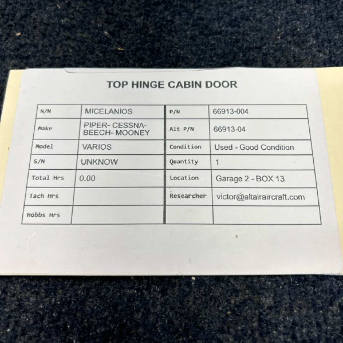Used aircraft parts for sale, 66913-004 PIPER- CESSNA-BEECH- MOONEY VARIOS HINGE CABIN DOOR TOP
