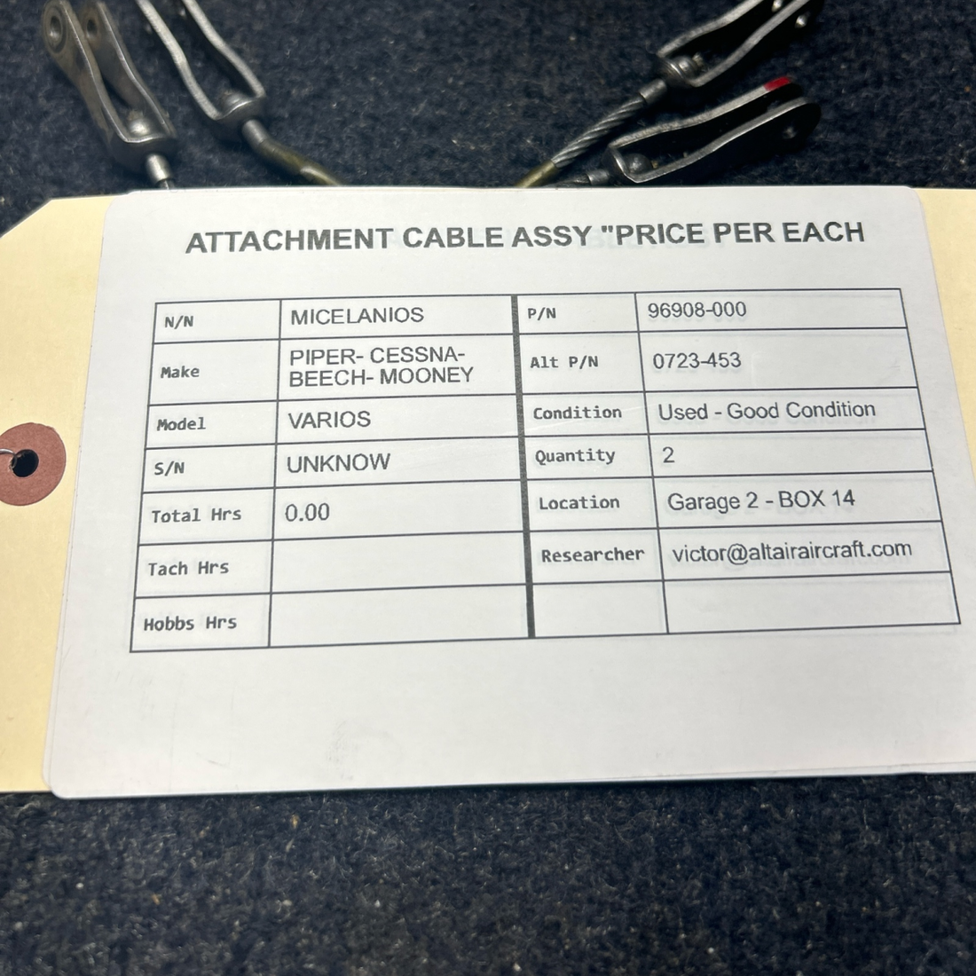 Used aircraft parts for sale, 96908-000 PIPER- CESSNA-BEECH- MOONEY VARIOS ATTACHMENT CABLE ASSY "PRICE PER EACH
