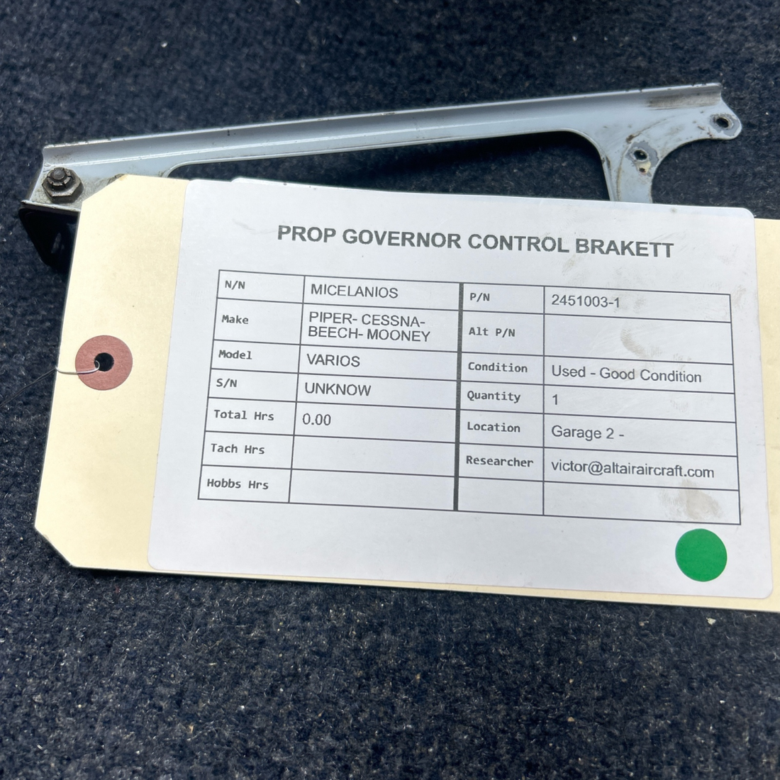 Used aircraft parts for sale, 2451003-1 PIPER- CESSNA-BEECH- MOONEY VARIOS PROP GOVERNOR CONTROL BRAKET
